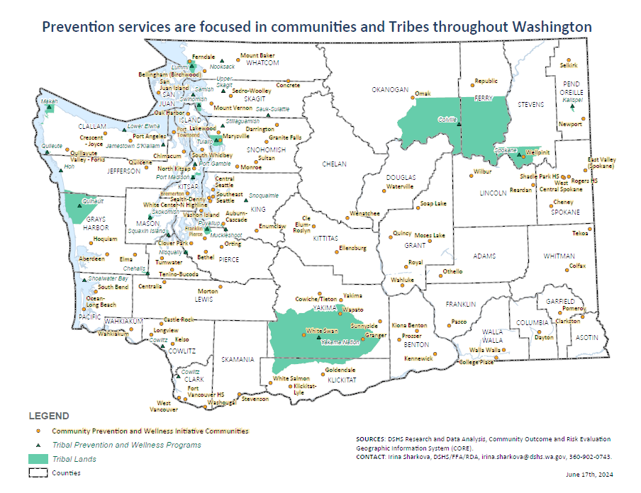 Prevention services are focused in communities and Tribes throughout Washington Map