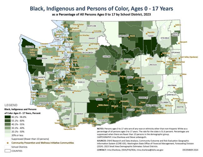 A map of Washington state depicting CPWI locations in relation to black, indigenous, and persons of color (BIPOC) youth populations