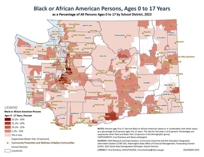 A map of Washington state depicting CPWI locations in relation to black or African American youth populations