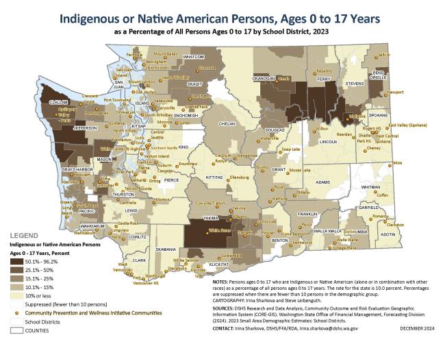 A map of Washington state depicting CPWI locations in relation to indigenous or Native American youth populations