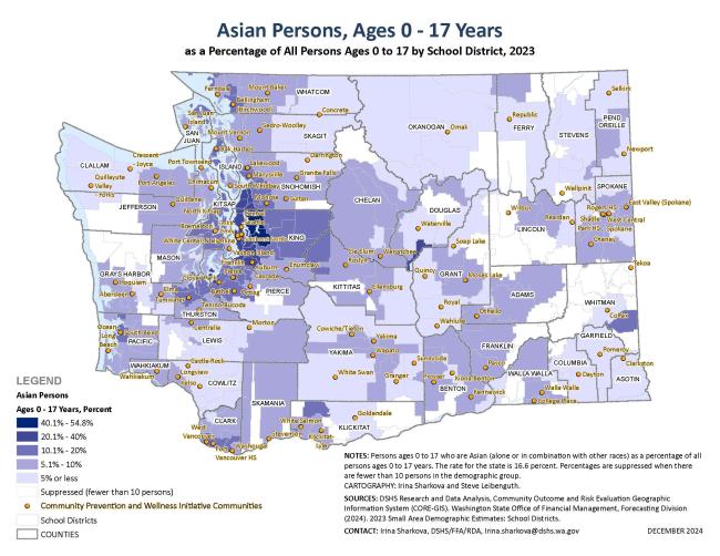 A map of Washington state depicting CPWI locations in relation to Asian youth populations