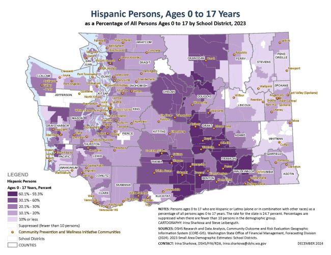A map of Washington state depicting CPWI locations in relation to Hispanic youth populations