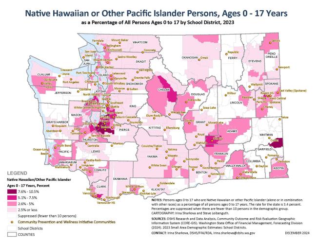 A map of Washington state depicting CPWI locations in relation to Native Hawaiian or other Pacific Islander youth populations