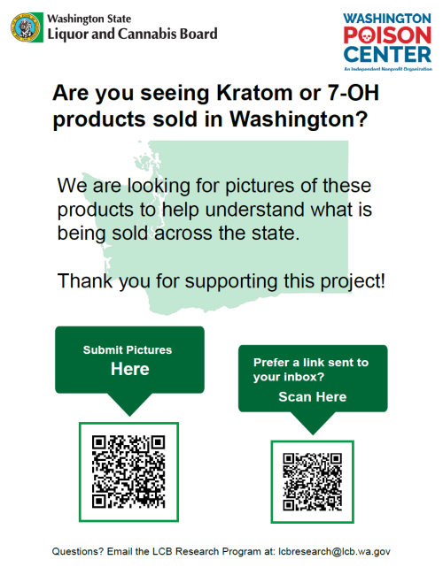 Are you seeing Kratom or 7-OH products sold in washington? We are looking for pictures of these products to help understand what is being sold across the state. Thank you for your support! Submit pictures here: https://qualtricsxm6pfcscr7l.qualtrics.com/jfe/form/SV_erexrQkLmCUVKMS?Q_CHL=qr Email this address for questions: lcbresearch@lcb.wa.gov