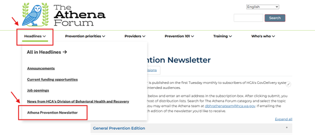 Image of Athena website showing you how to select the Headlines menu, then within that pop-up you can select Athena prevention newsletter.