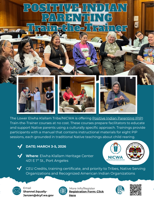 Positive Indian Parenting Train the Trainer, March 3-5 2026 at Elwha Klallam Heritage Center in Port Angeles. Free opportunity. Email Shannel.squally-janzen@dcyf.wa.gov for more information.