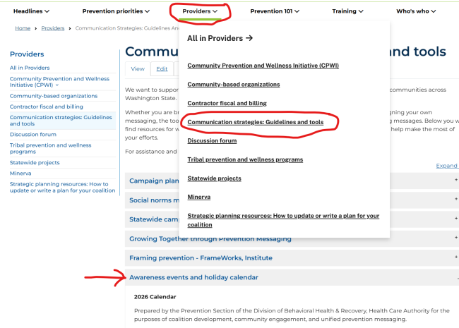 Navigate to Providers, then click Communication Strategies, then click Awareness Events and Holiday calendar